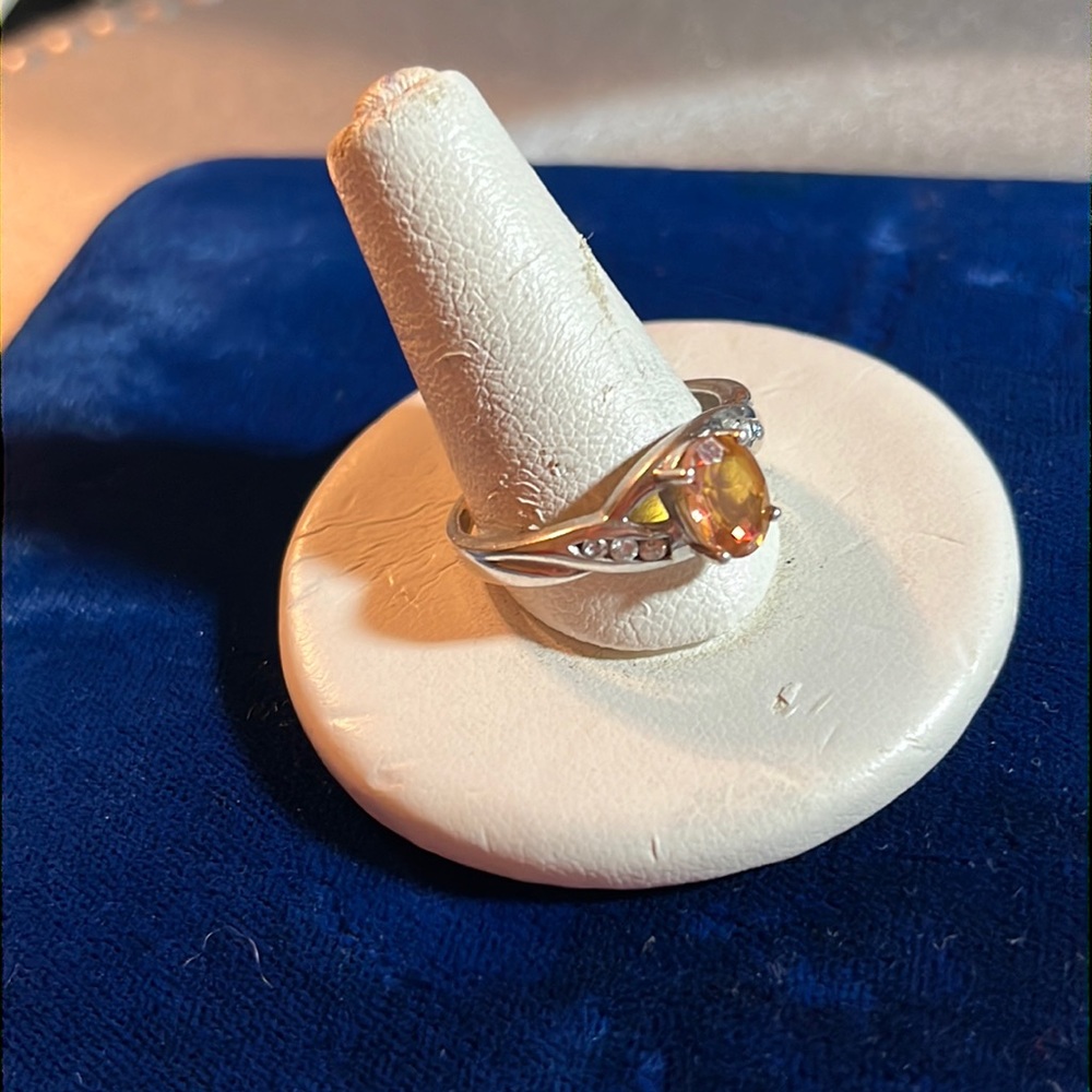 Peach colored topaz with accent zircons in sterling silver ring - B41